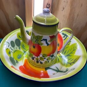 Vintage Enamel Teapot and Bowl Set - Multicolor